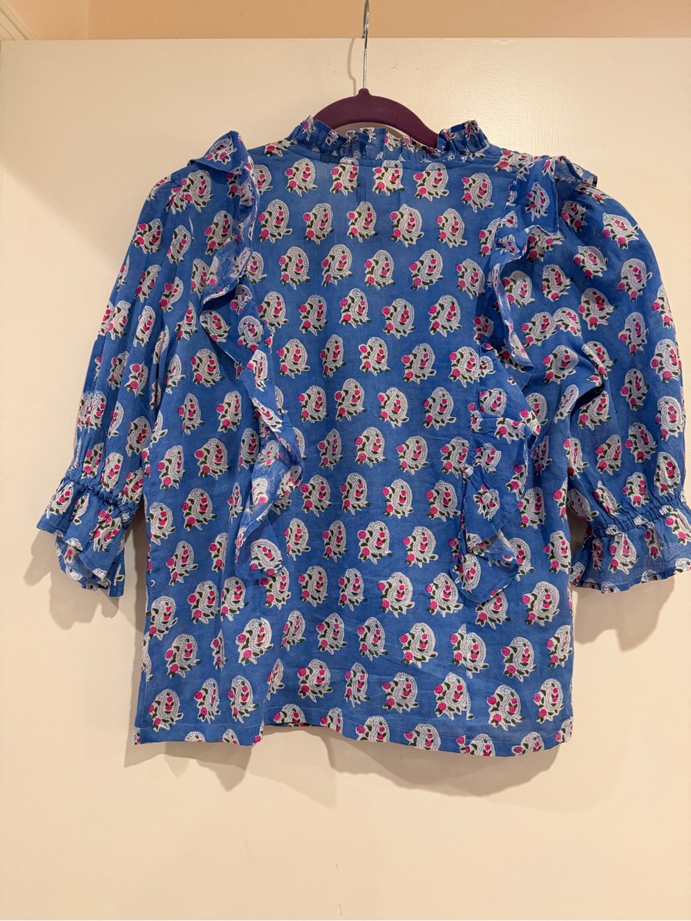 SZ Blockprints Hartley Top Womens Small Blue Ruffle Paisley Boho Cottage Folk - Picture 2 of 2